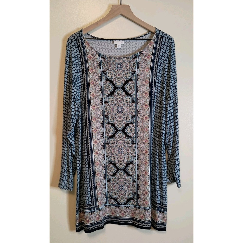 J Jill XL Paisley Tunic Dress Blue Boho Stretch Knit Long Sleeve - Picture 2 of 12
